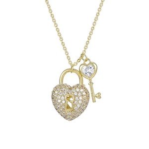 14k gold plated cz diamond heart & key necklace